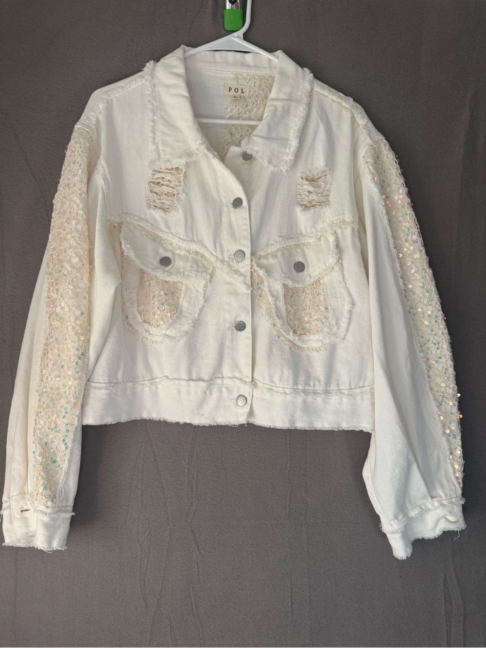 POL White Sequined Sleeve Cropped Jean Jacket